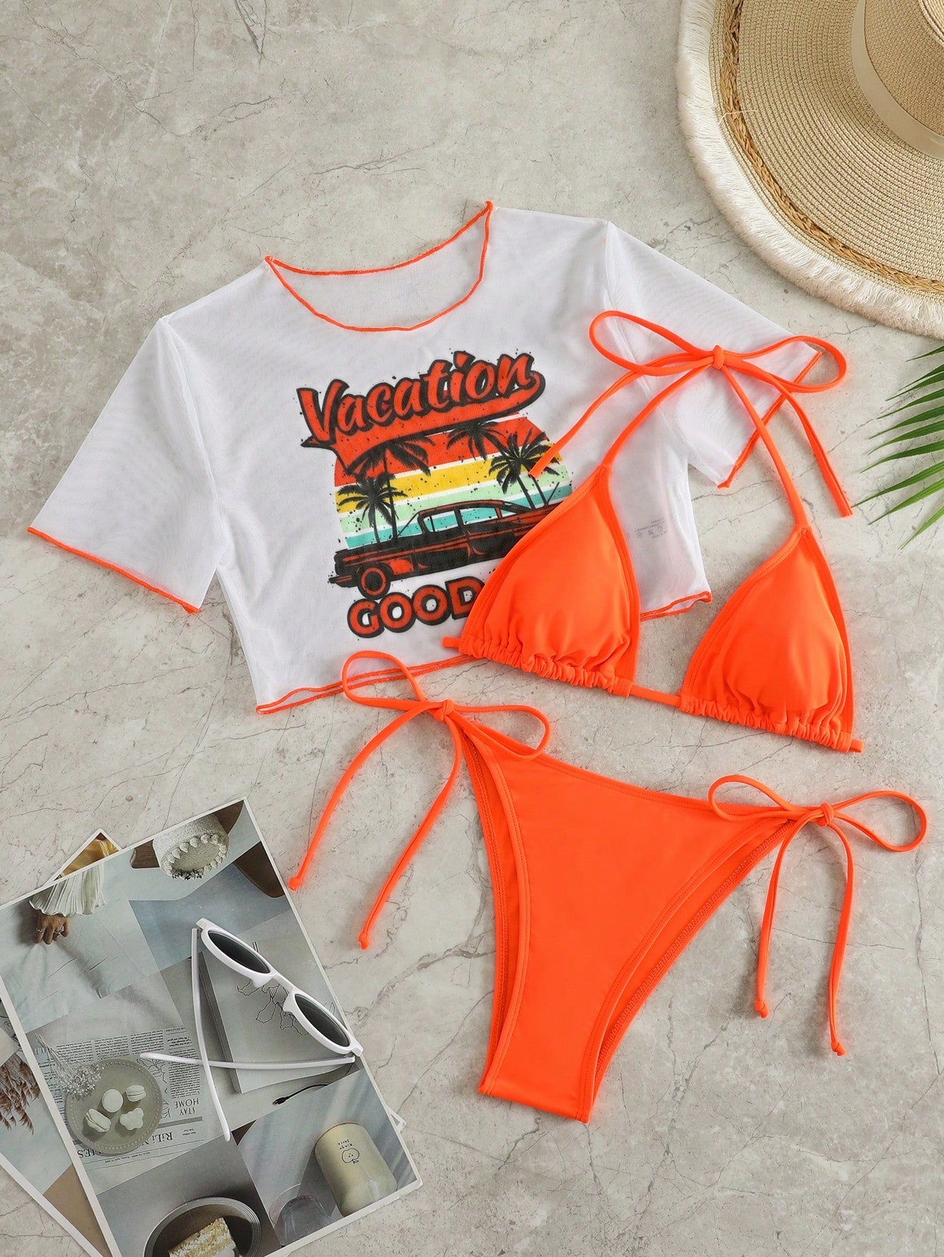 Swim Solid Color Spaghetti Strap Backless Bikini Top And Bottom Set, For Casual Holidays