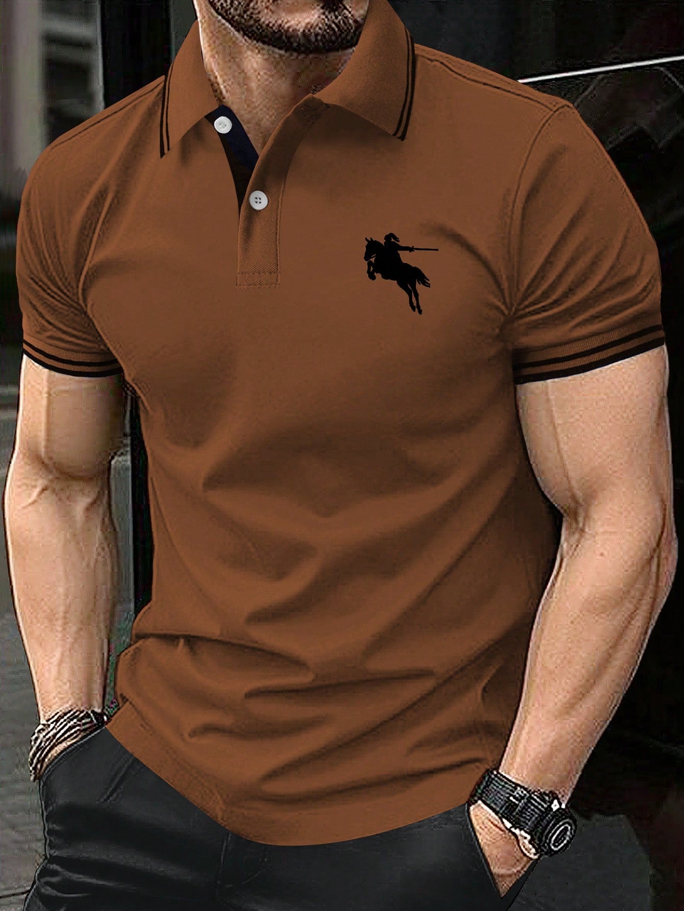 Men Horse Print Striped Trim Polo Shirt