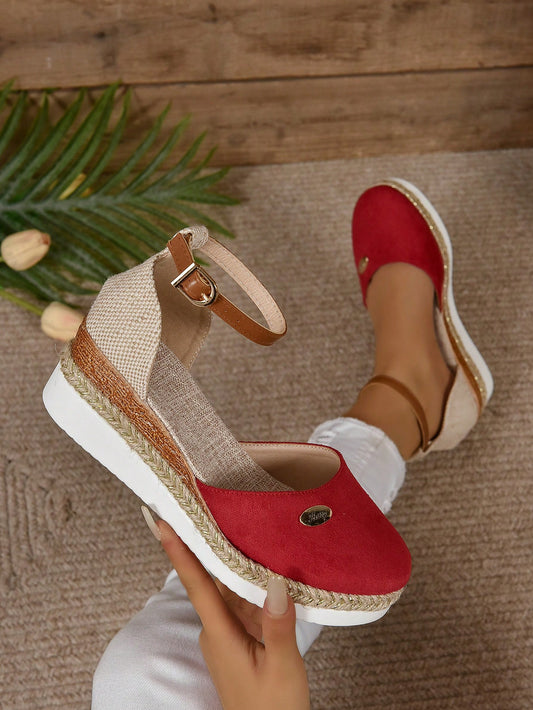 Women's Plus Size Faux Suede Color Block Round Toe Espadrilles With Elegant Wedge Heels & Thick Soles