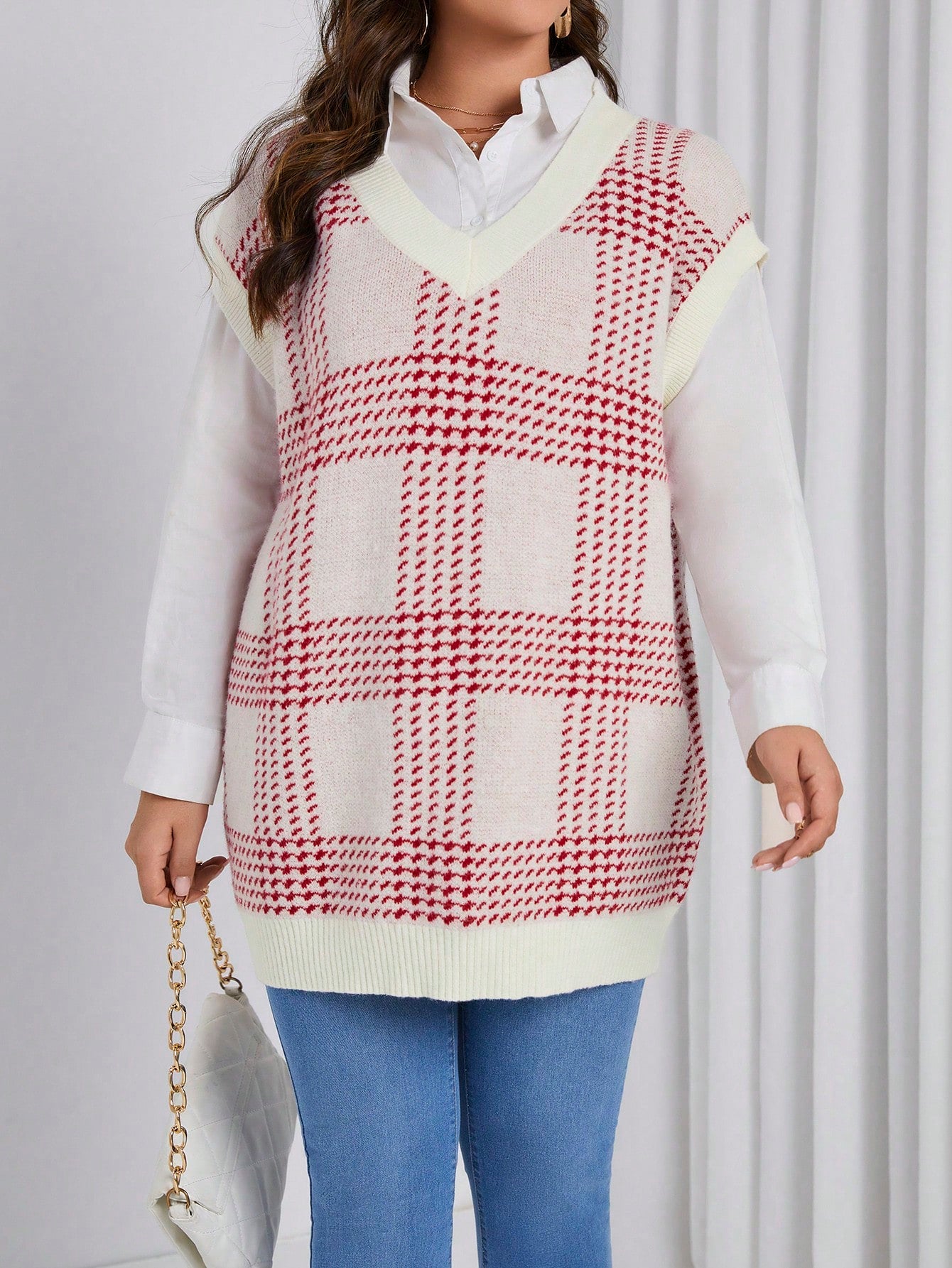 Plus Plaid Pattern Sweater Vest Without Blouse