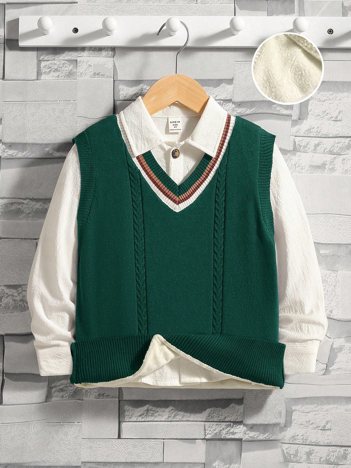 Tween Boy Striped Trim Cable Knit Thermal Lined Sweater Vest Without Shirt