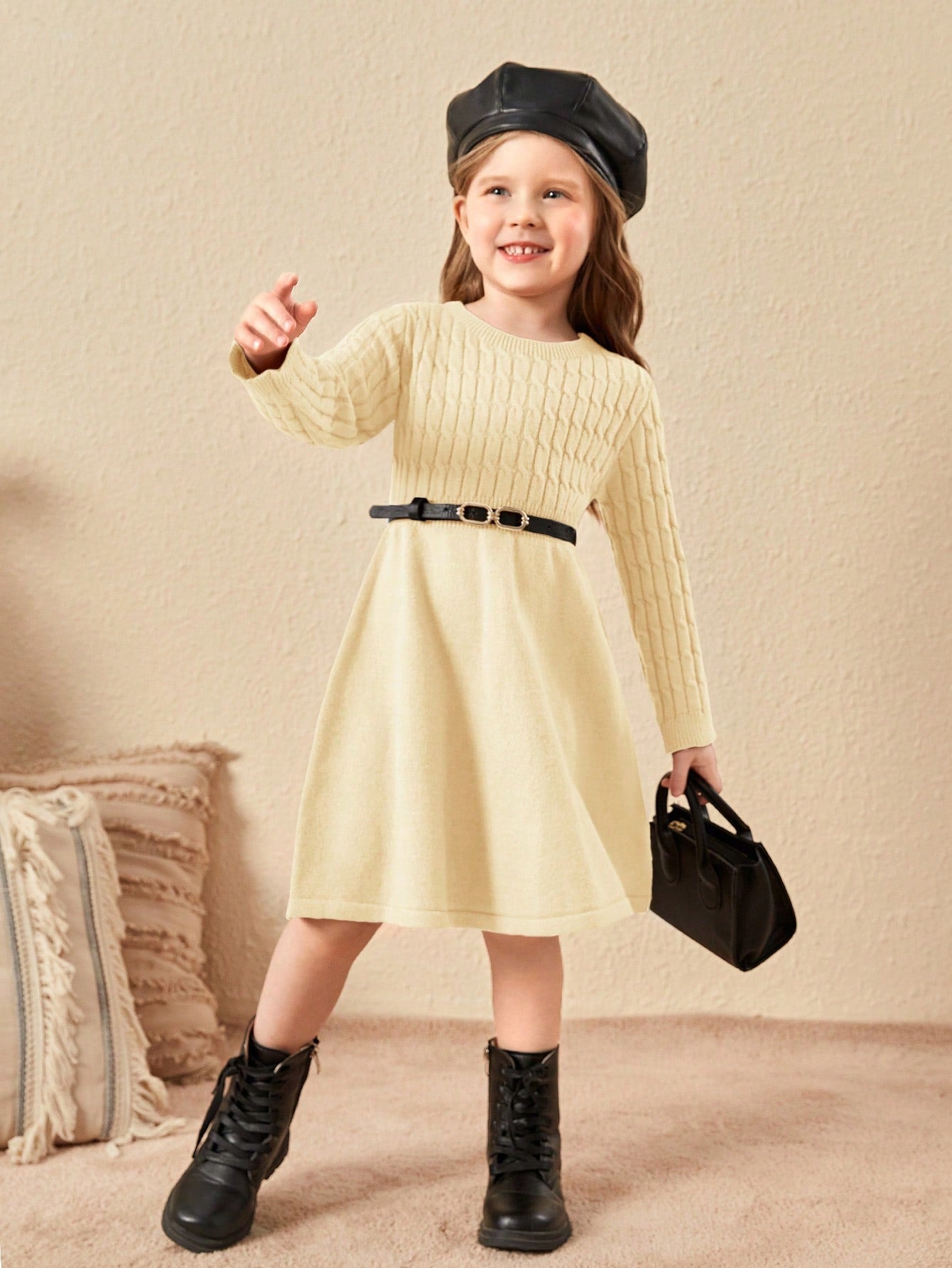 Young Girl Cable Knit Sweater Dress Without Belt