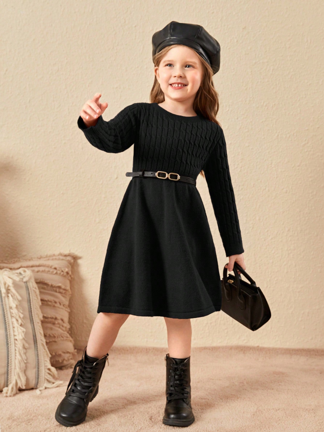 Young Girl Cable Knit Sweater Dress Without Belt