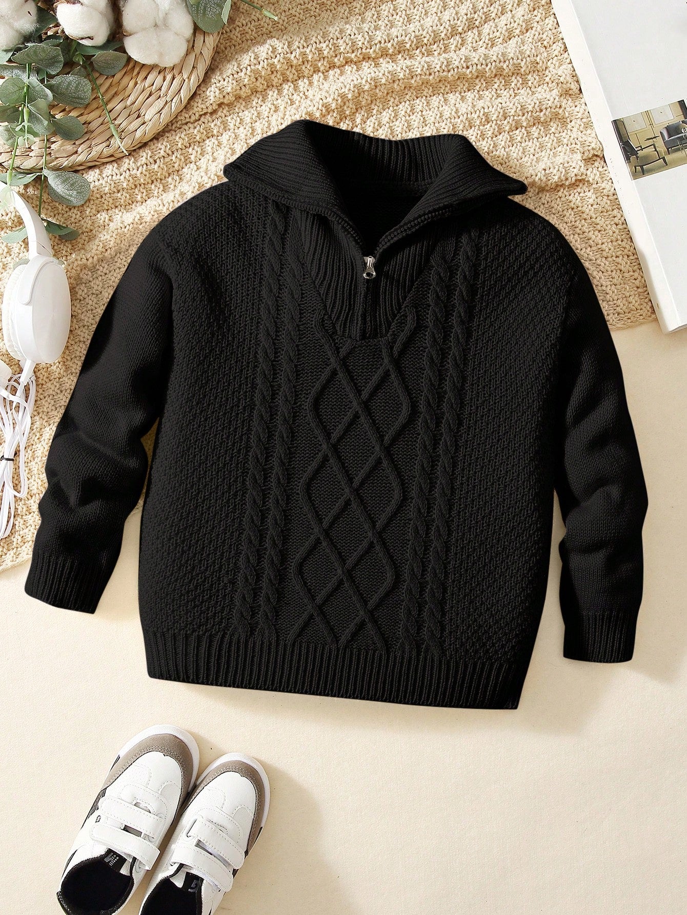 Young Boys Cable Knit Quarter Zip Sweater