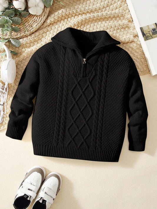 Young Boy Solid Color Long Sleeve Zipper Sweater