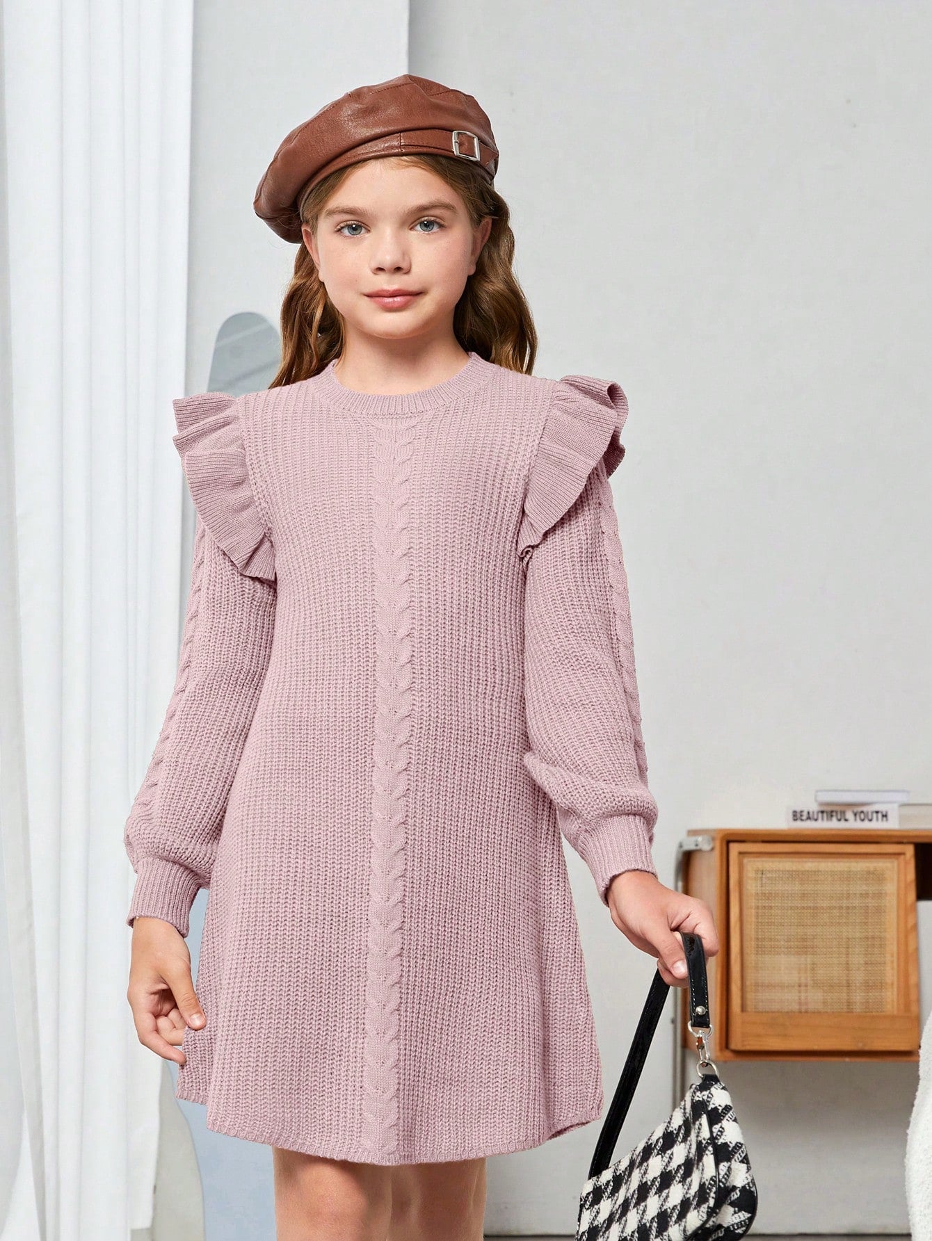 Tween Girl Loose Fit Sweater Dress With Flared Hem, Long Sleeve, Casual Style