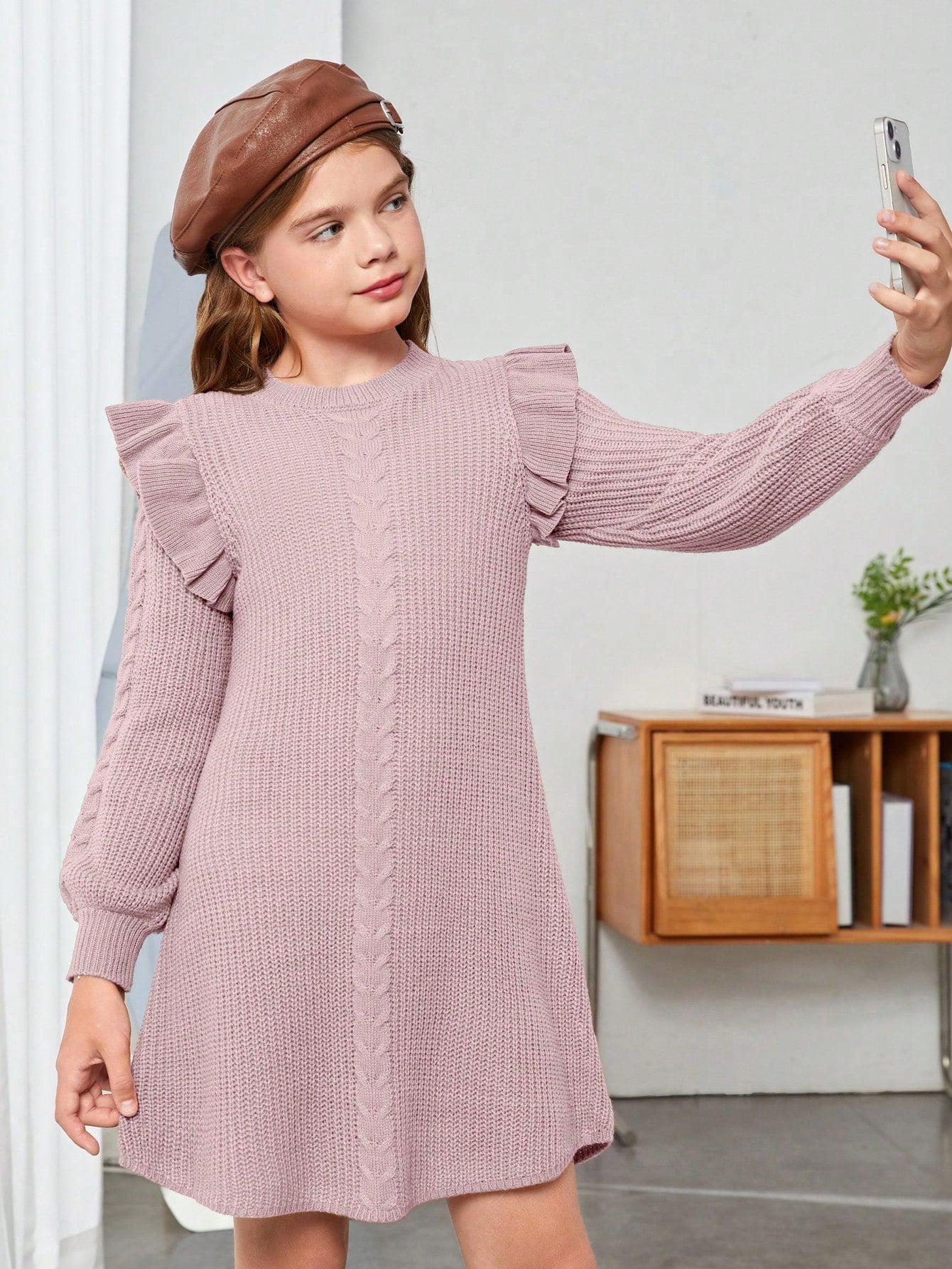 Tween Girl Loose Fit Sweater Dress With Flared Hem, Long Sleeve, Casual Style