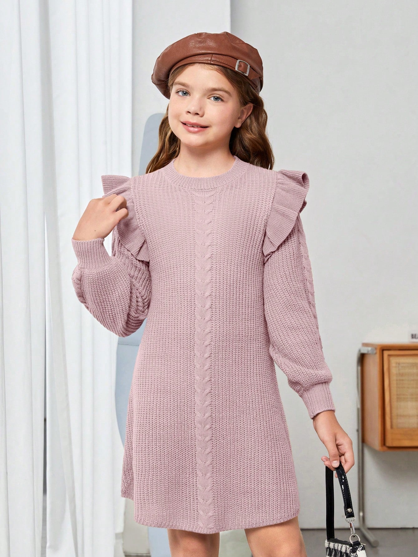 Tween Girl Loose Fit Sweater Dress With Flared Hem, Long Sleeve, Casual Style