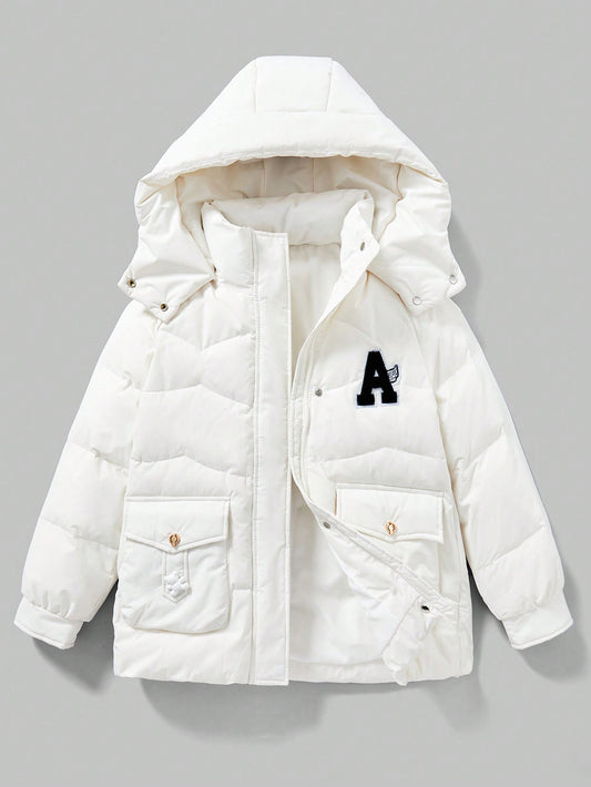 Tween Girls' Hooded Padded Jacket With Letter Patches And Flap Pockets