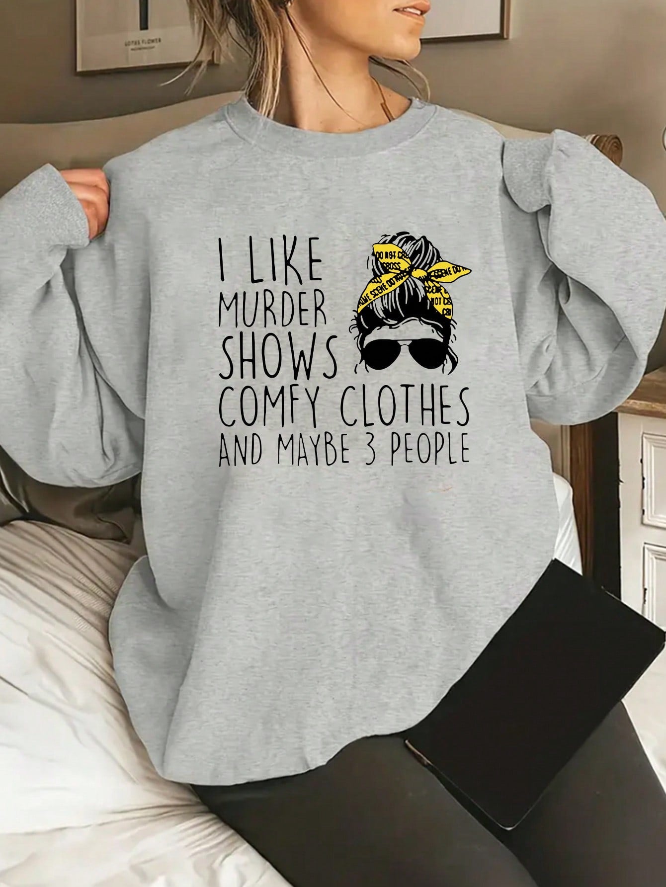 Plus Size Sweatshirt With Slogan & Task Print, I LIKE  SHOWS COMFY CLOTHES AND MAYBE 3 PEOPLE