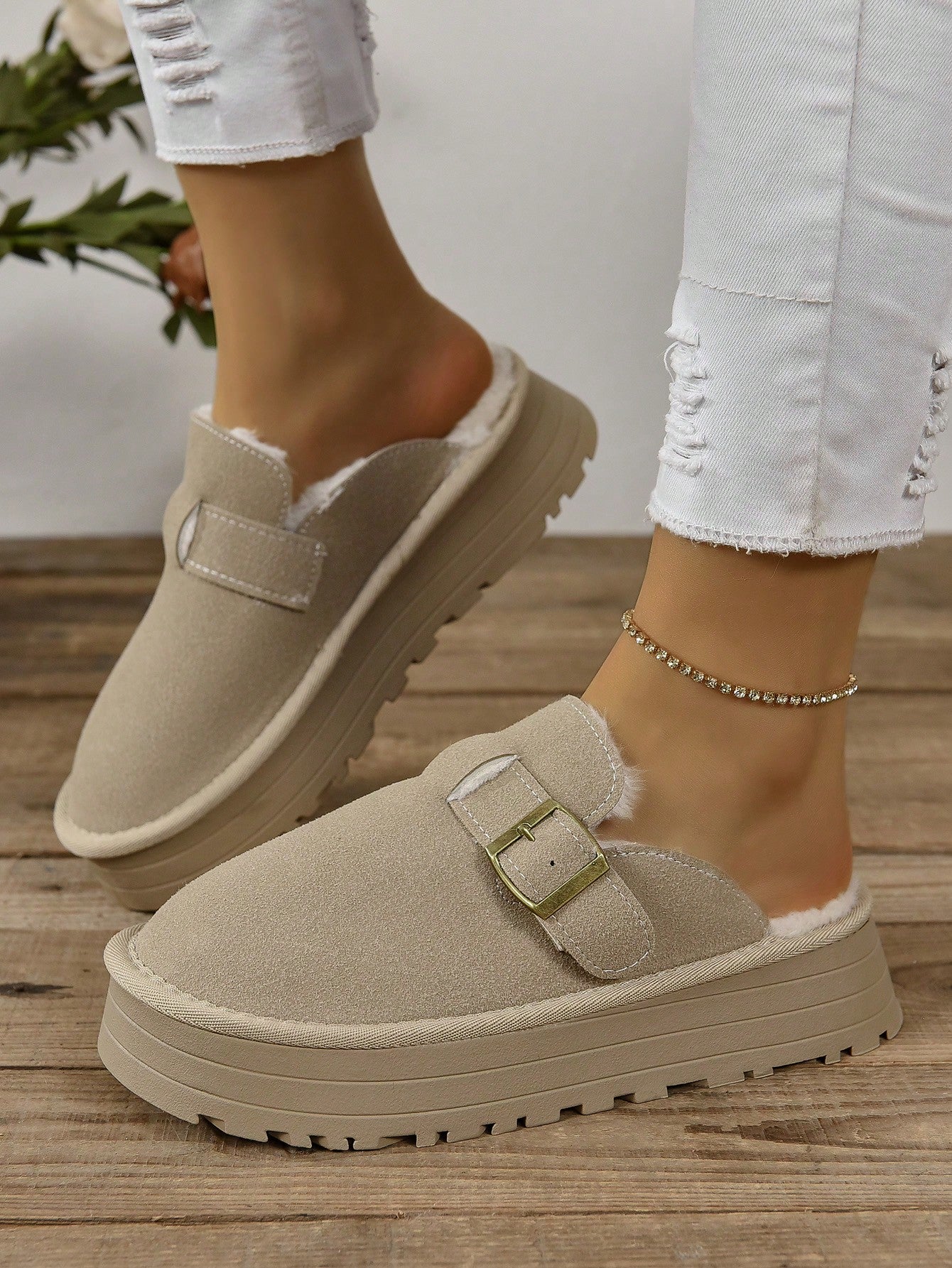 Autumn/winter Increase Height Half Inclined Outwear Casual Fashionable All-match Fluffy Bokken Women's Wedge & Thick Bottom Shoes