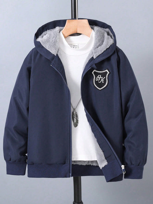 Tween Boy Letter Patched Detail Teddy Lined Hooded Jacket