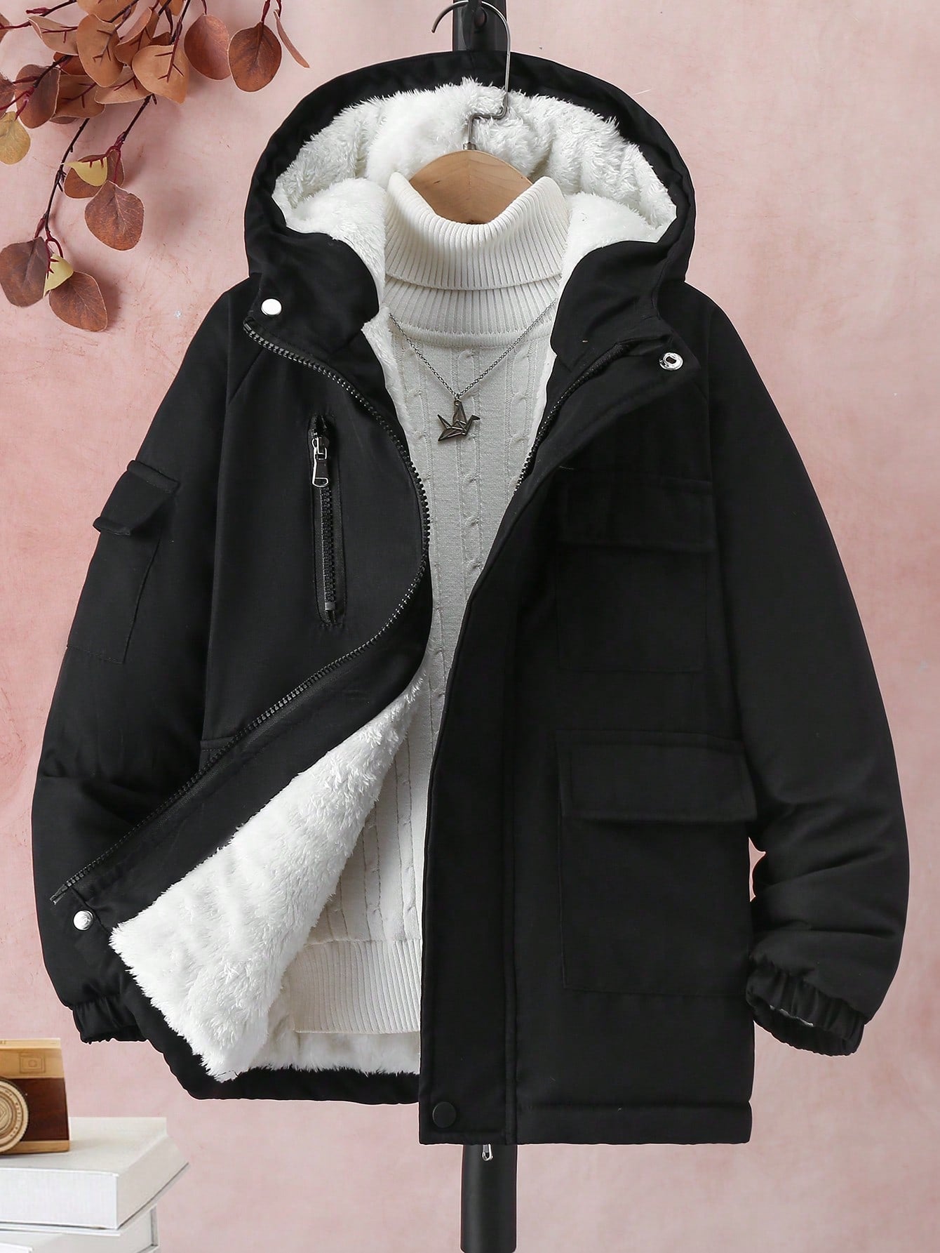 Tween Boy 1pc Flap Pocket Teddy Lined Hooded Winter Coat