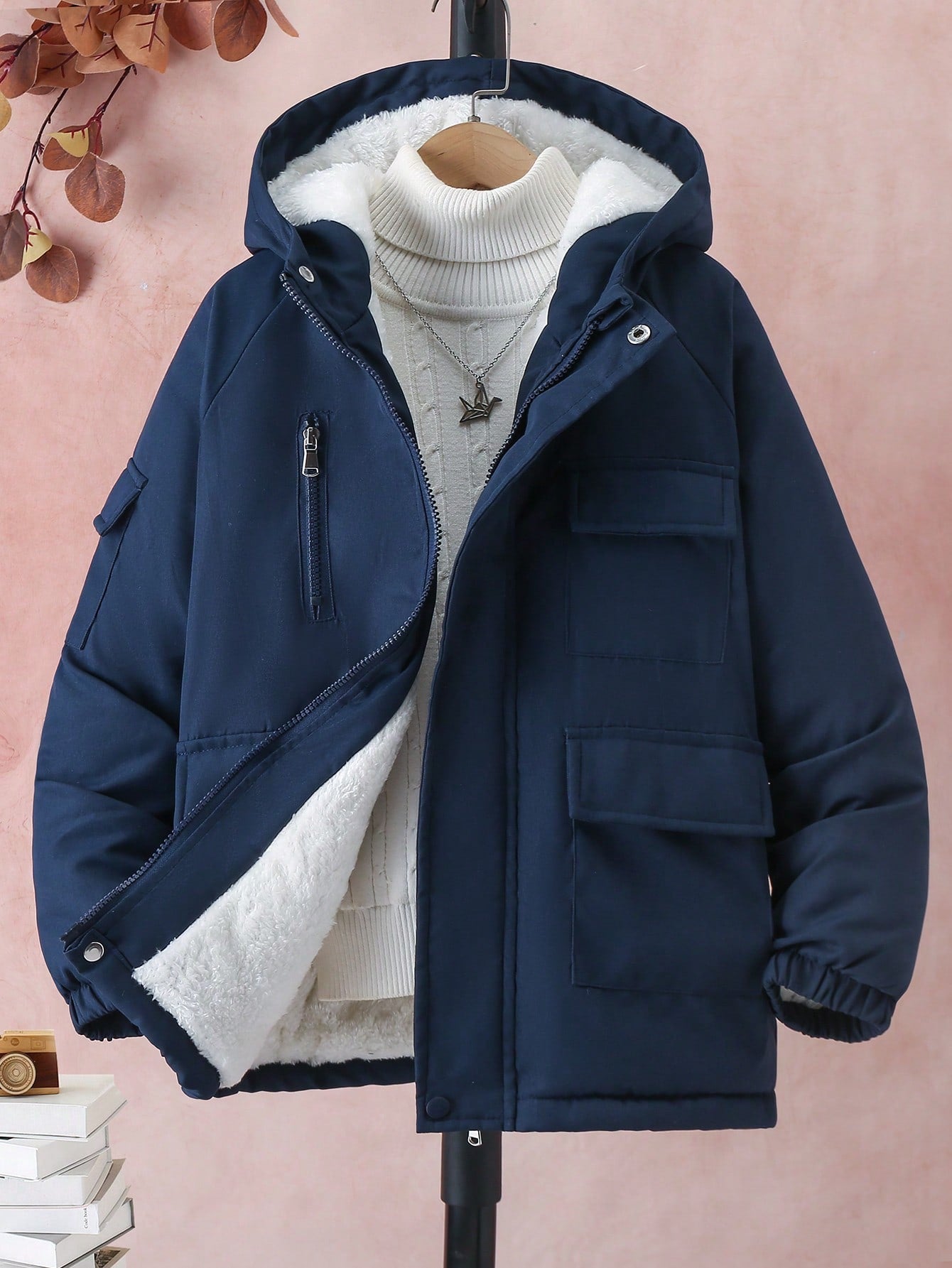 Tween Boy 1pc Flap Pocket Teddy Lined Hooded Winter Coat