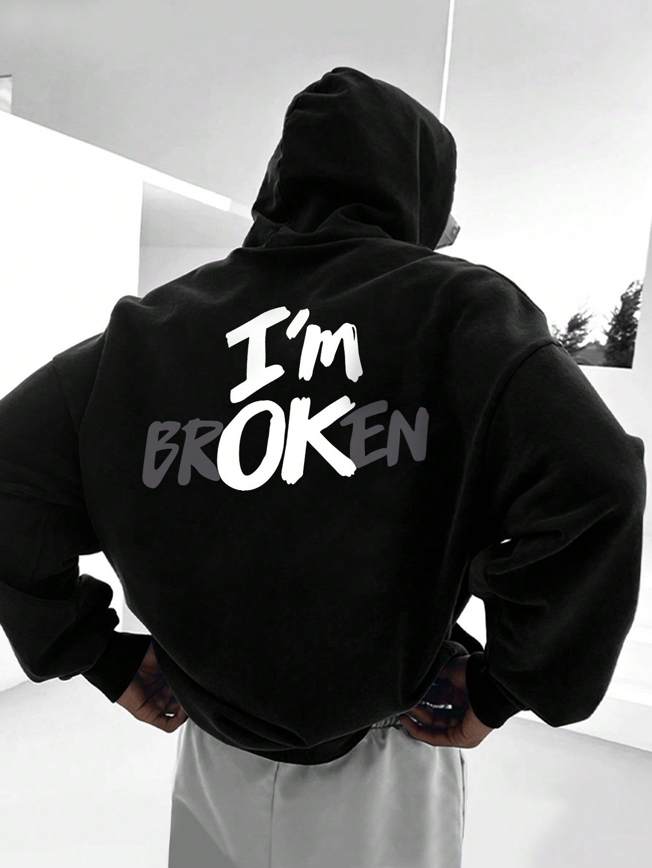 Men's Hooded Fleece Sweatshirt With Slogan Print And Drawcord