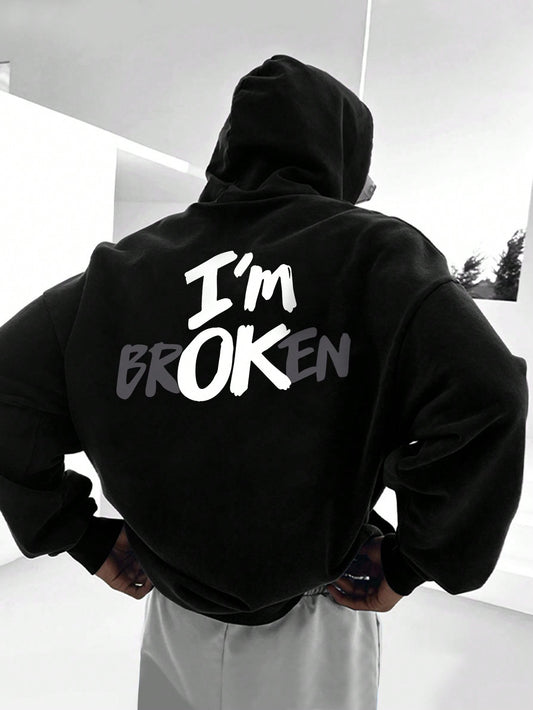 Men's Hooded Fleece Sweatshirt With Slogan Print And Drawcord