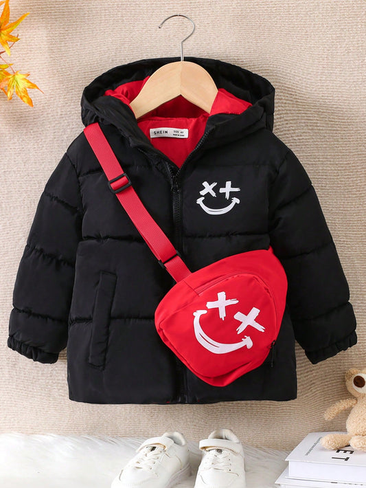 Toddler Boys' Cartoon Printed Hooded -padded Jacket With Bag