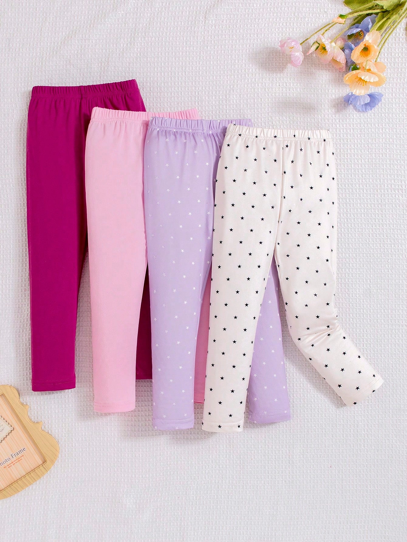 Young Girl 4pcs/Set Solid Color Leggings With Star Print, Winter