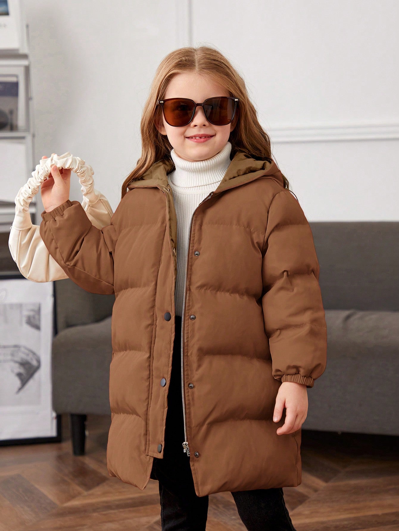 Young Girl Solid Color Hooded Loose Thick Mid-Long -Padded Coat