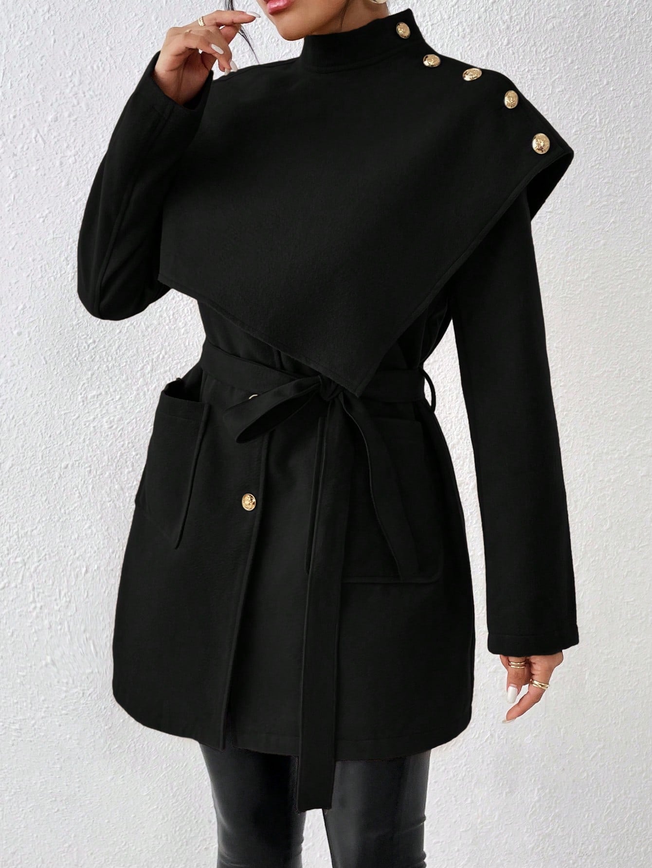 Ladies' Solid Color Woolen Coat With Button Details And Belted Waist