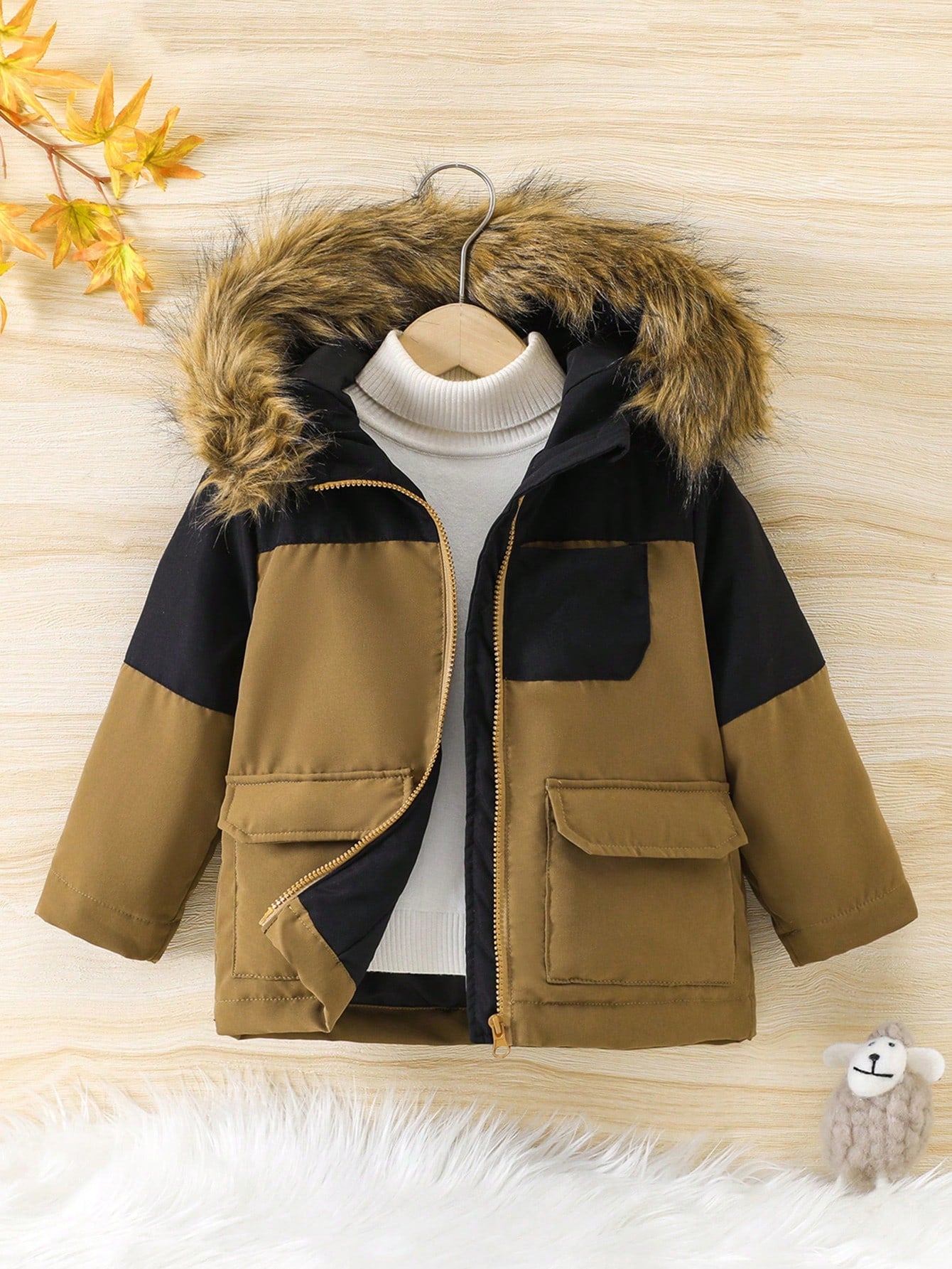 Boys' Hooded Patchwork Color Block Padded Jacket With Collar