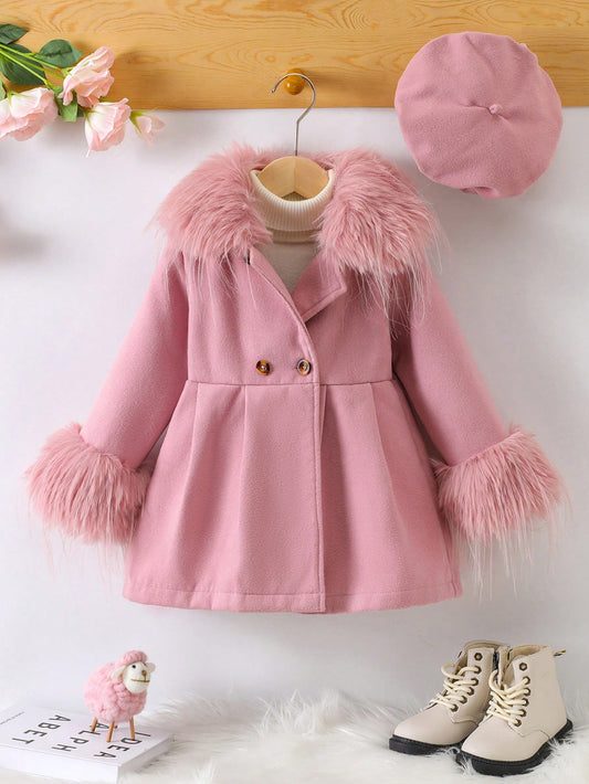 Toddler Girls' Solid Color Woolen Jacket With Furry Hem