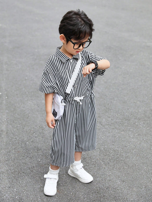 Young Boy Casual Loose Striped Short Sleeve Collared Romper