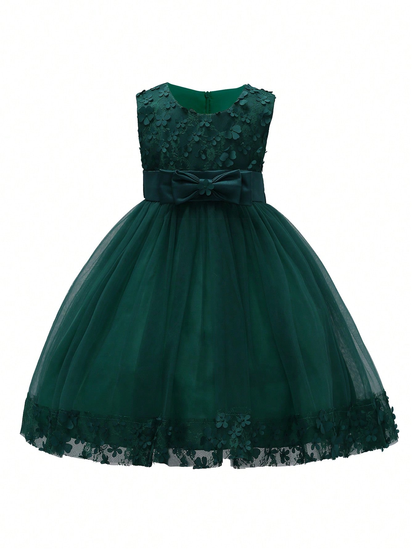 Young Girl Solid Color Sleeveless Dress With 3d Floral Embellishment For An Elegant Look