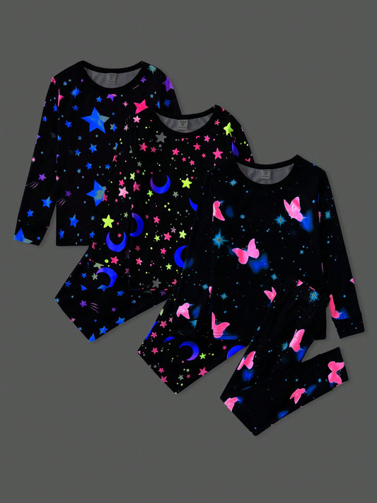 Young Girl Snug Fit 3 Sets Long Sleeve Long Pants Pajama With Reflective Pattern