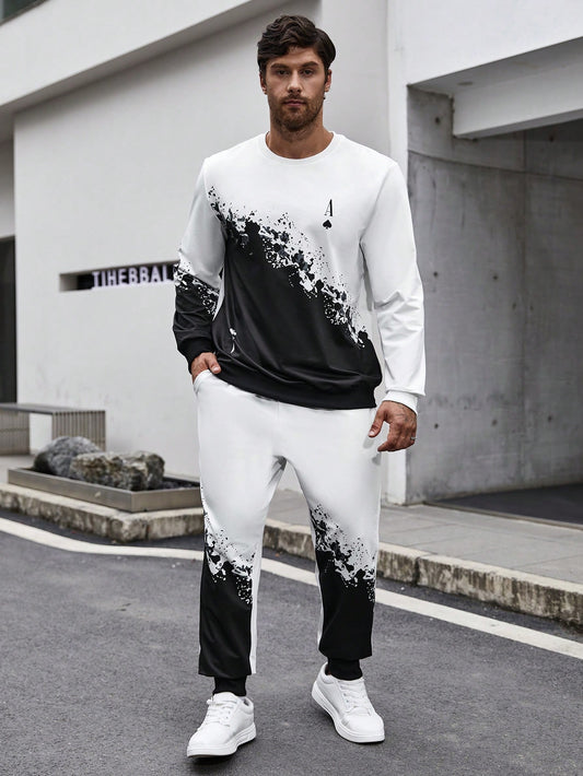 Men Plus Color Block Letter Printed Sweatshirt And Sweatpants Set