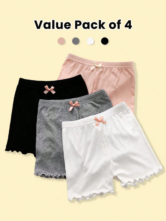 Young Girl 4pcs/Set Solid Color Bowknot Decorated Safety Shorts, Anti-Chafing Lightweight Shorts For Summer