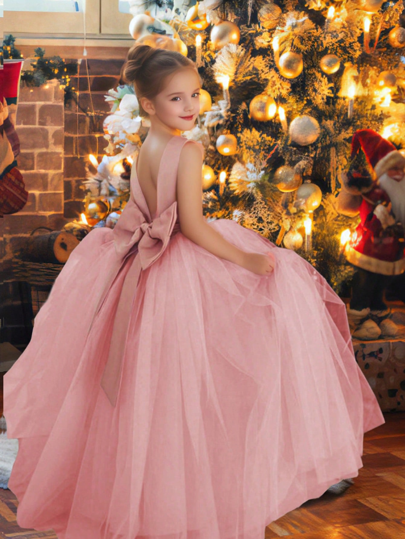 Tween Girl Elegant Bowknot Tulle Formal Dress, Suitable For Wedding And Evening Party