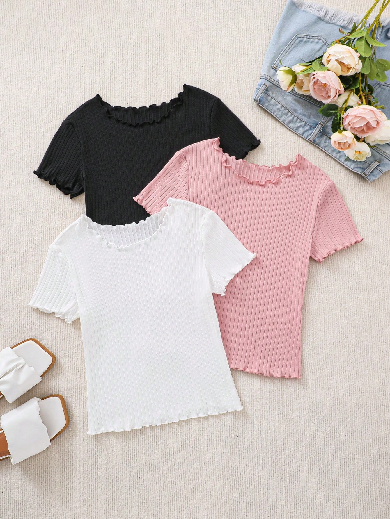 3pcs Knitted Casual Round Neck Short Sleeve T-Shirt Set For Tween Girls