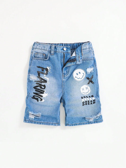 Tween Boy Casual Mid-Waist Denim Shorts With Letter, Face Print And Distressed Detail