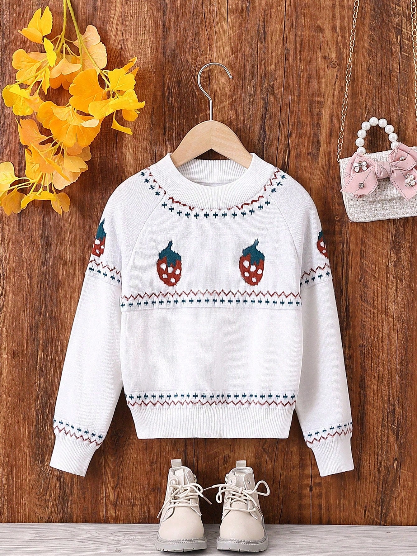 Toddler Girls' Strawberry Pattern Raglan Sleeve Sweater