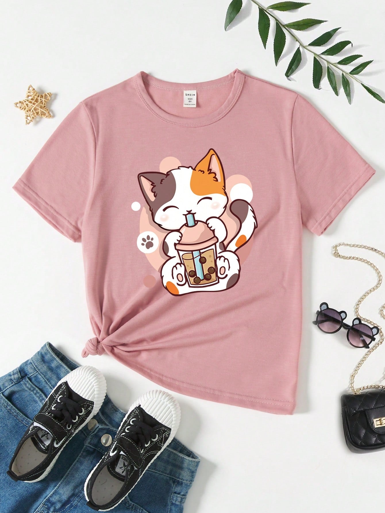 Tween Girl Funny Boba Milk Tea & Cat Pattern Round Neck Short Sleeve T-Shirt