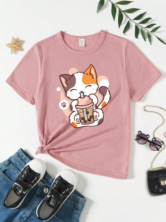 Tween Girl Funny Boba Milk Tea & Cat Pattern Round Neck Short Sleeve T-Shirt