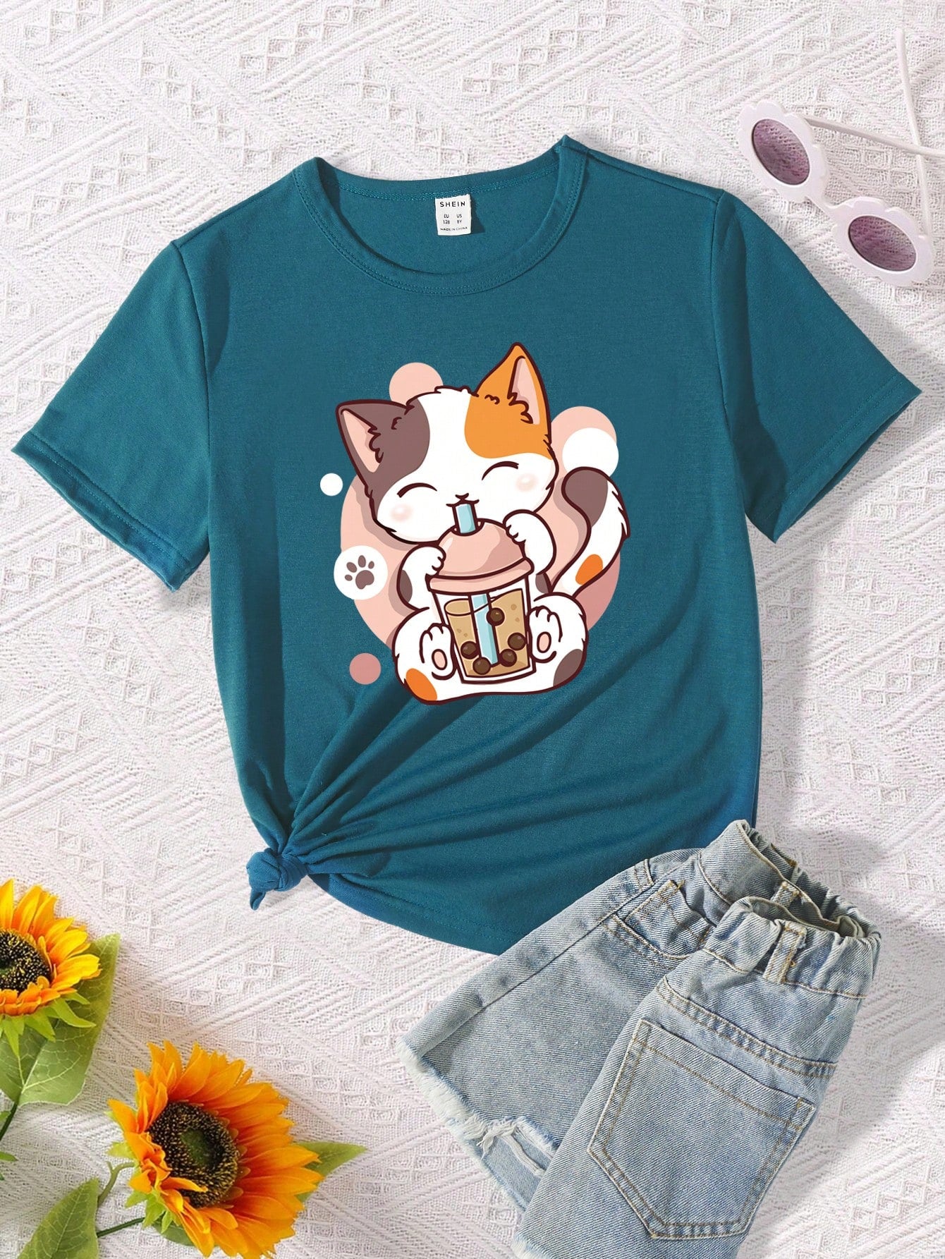 Tween Girl Funny Boba Milk Tea & Cat Pattern Round Neck Short Sleeve T-Shirt