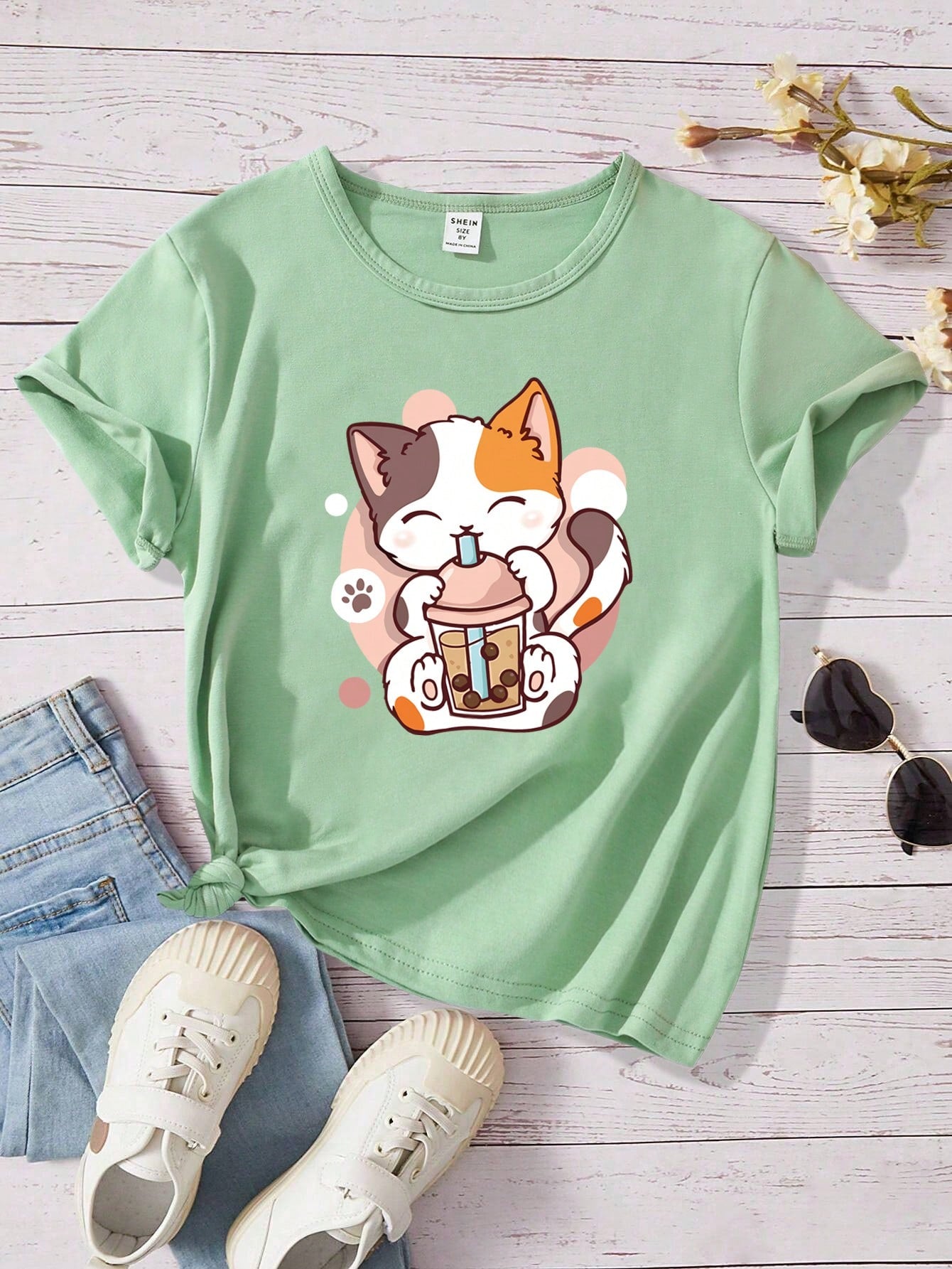 Tween Girl Funny Boba Milk Tea & Cat Pattern Round Neck Short Sleeve T-Shirt