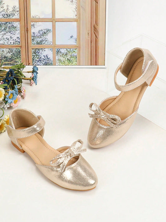 Fashionable Girls' Pointed Toe Flat Shoes, Children's Shoes, Teenagers' Flat Leather Shoes, Outdoor Flats, Gold-colored Shoes, Comfortable For Parties And Casual Wear