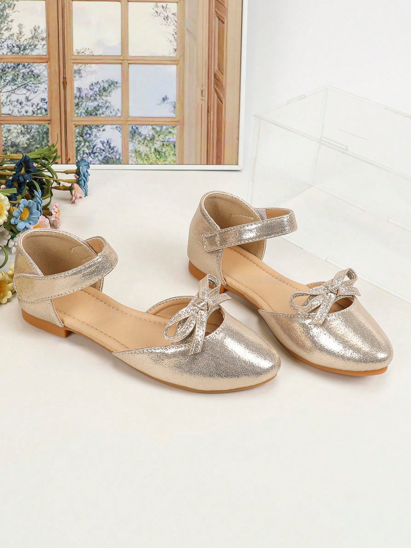 Fashionable Girls' Pointed Toe Flat Shoes, Children's Shoes, Teenagers' Flat Leather Shoes, Outdoor Flats, Gold-colored Shoes, Comfortable For Parties And Casual Wear