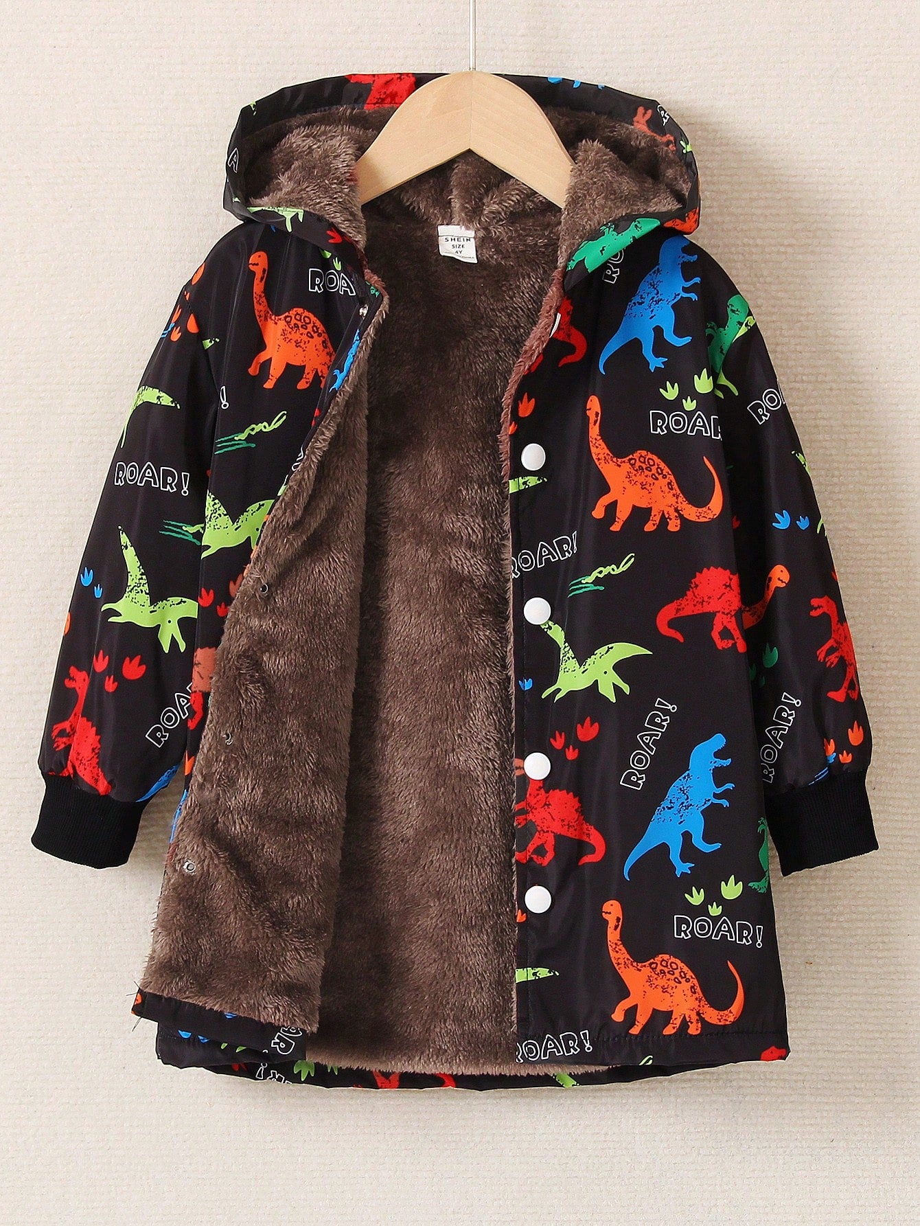 Young Boy Dinosaur Print Teddy Lined Hooded Coat