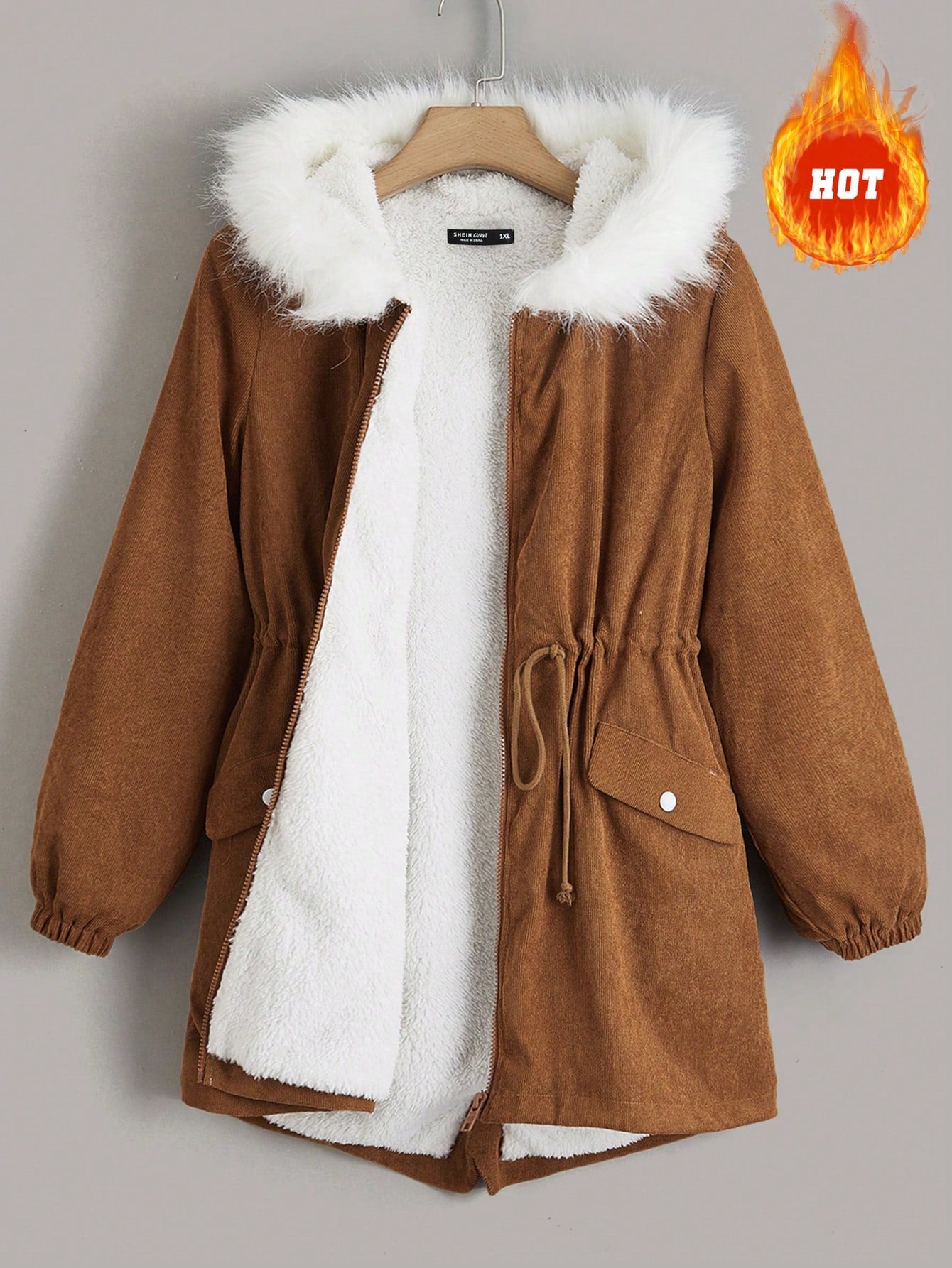 Plus Drawstring Waist Fuzzy Trim Hooded Parka Coat