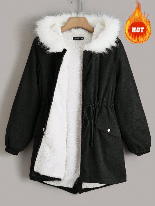 Plus Drawstring Waist Fuzzy Trim Hooded Parka Coat