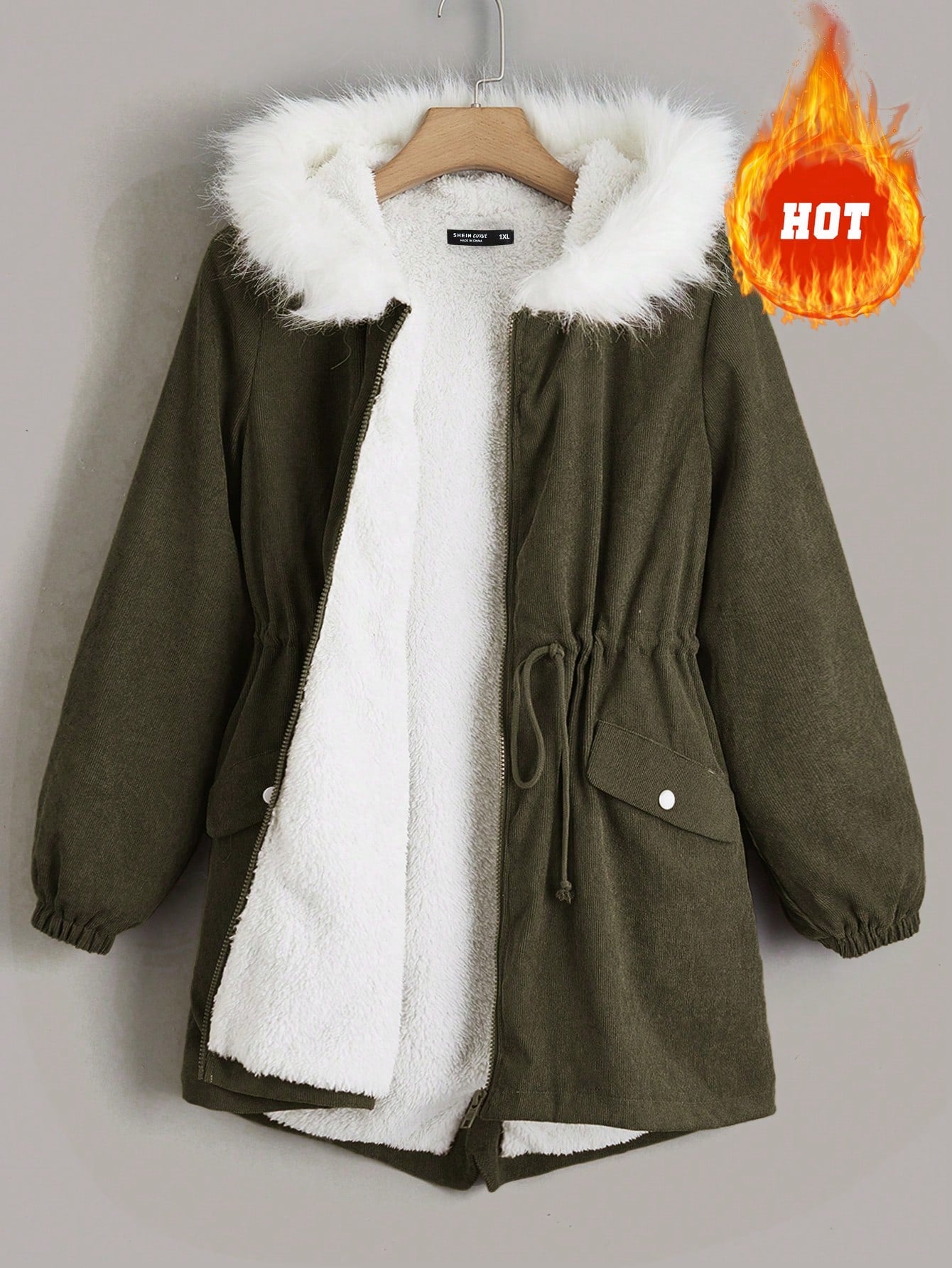 Plus Drawstring Waist Fuzzy Trim Hooded Parka Coat