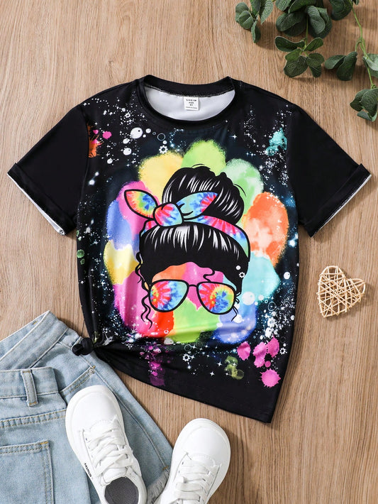 Tween Girl Colorful Patterned Trendy Round Neck T-Shirt, Summer