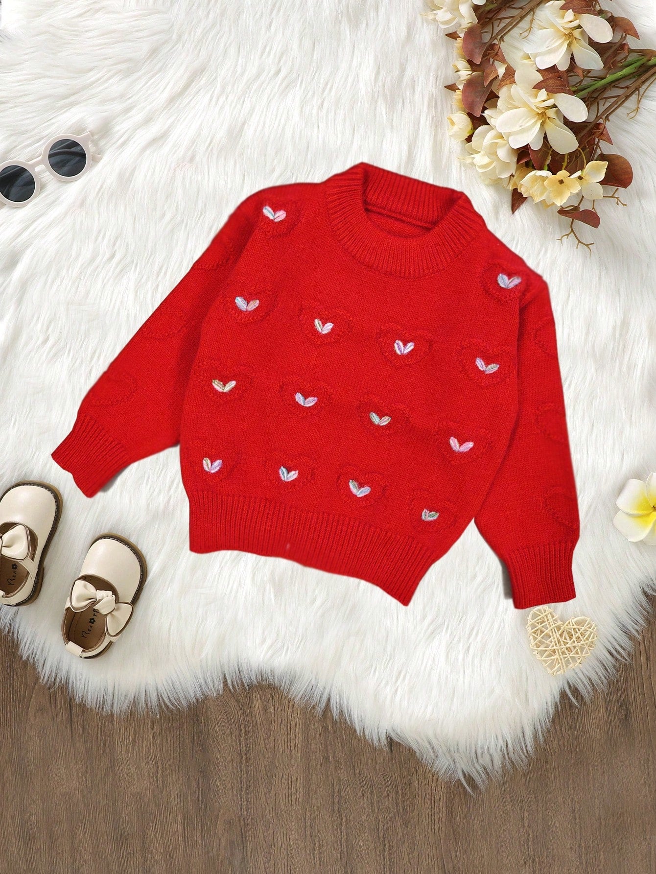 Little Girls' Heart Embroidery Long Sleeve Sweater