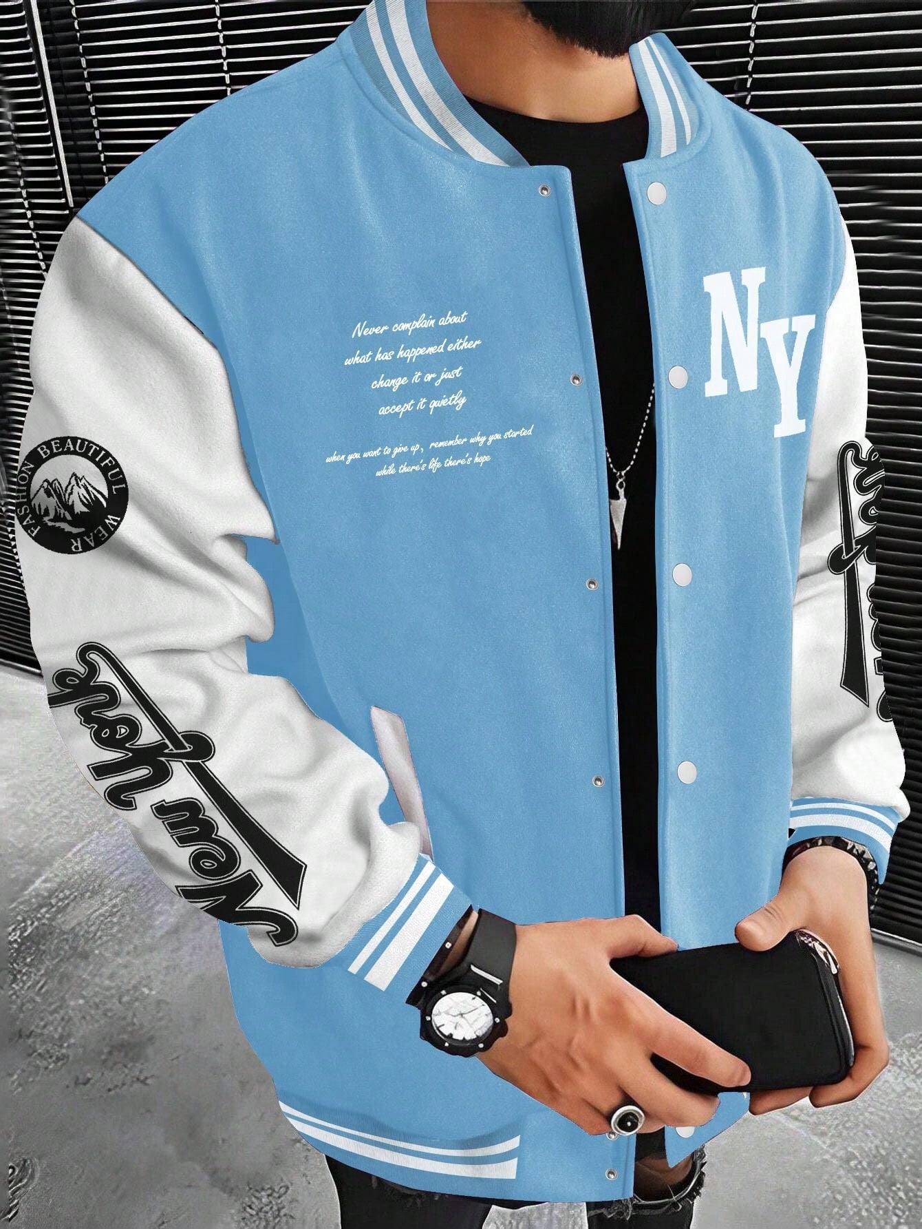 X Virginia & ZeFelipe Men Slogan Graphic Two Tone Varsity Jacket