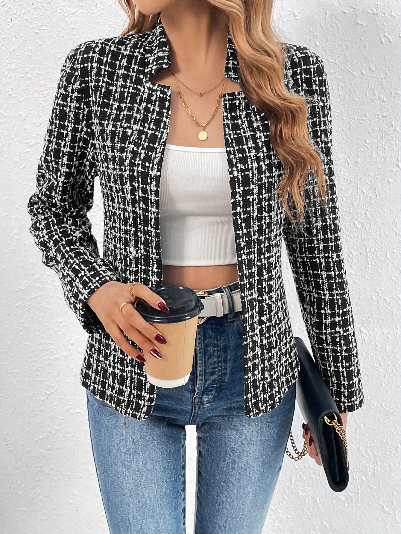 Women's Plaid Notched Collar Open Front Blazer Jacket