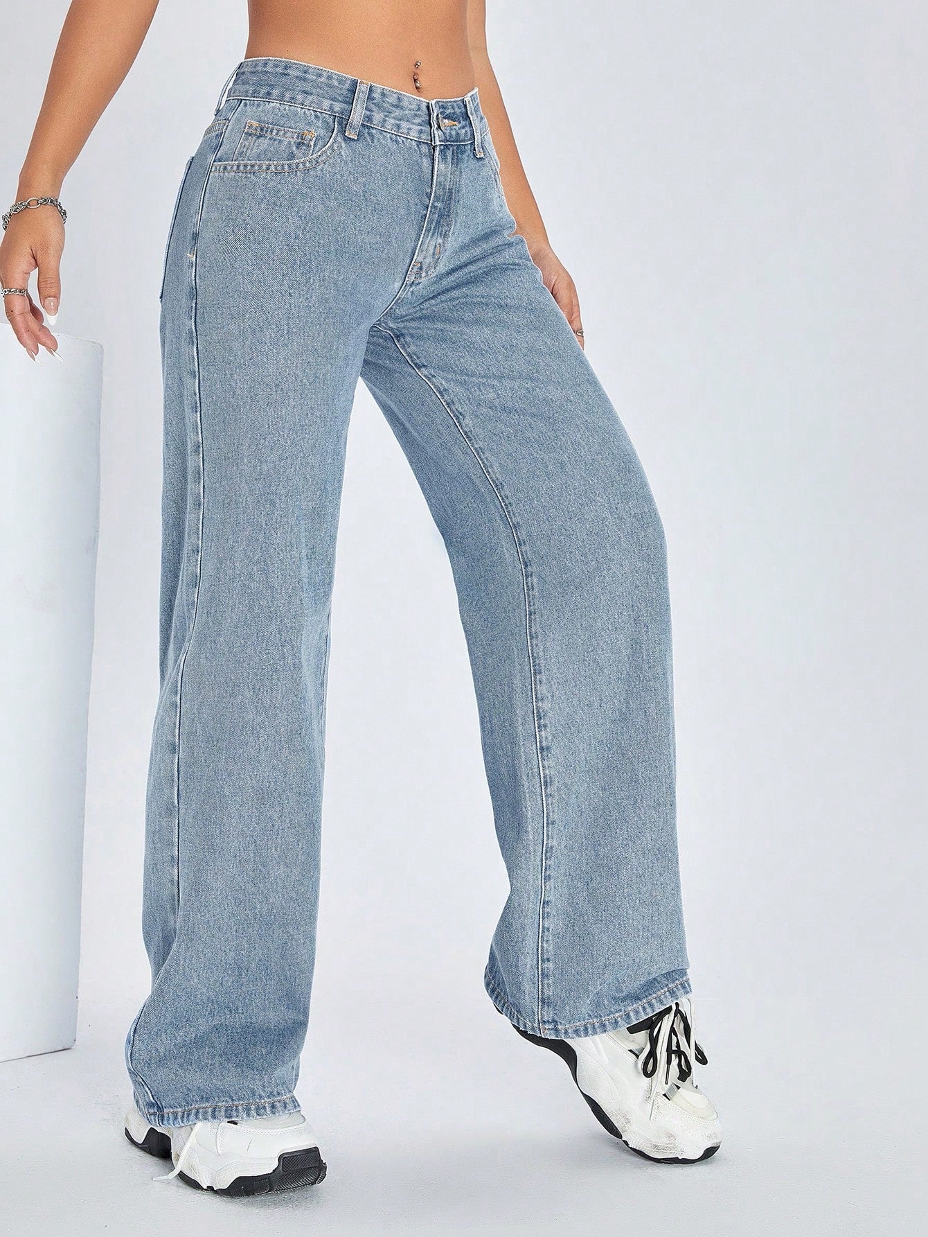 Women Casual Slant Pocket Everyday Wide Leg Jeans